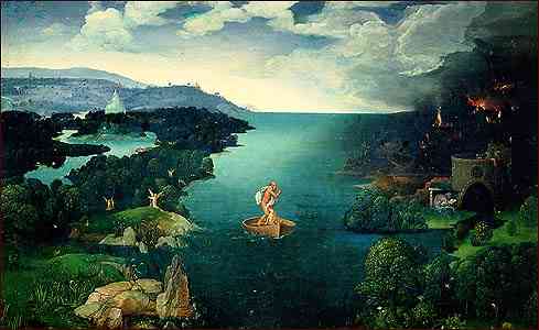 El paso de la laguna Estigia del pintor Joachim Patinir (Escuela Flamenca). Museo del Prado (Madrid).